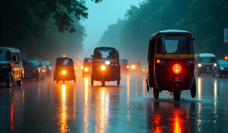 Golden sunset over a rainy New Delhi street with heavy rain clouds and dramatic lighting