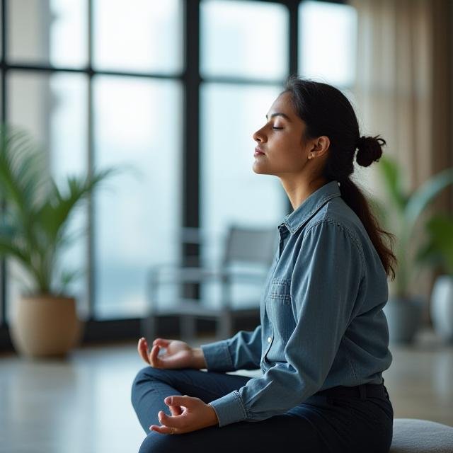 A professional individual taking a deep breath in a sunlit modern workspace