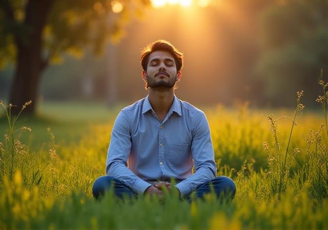 A serene person practicing mindfulness in nature