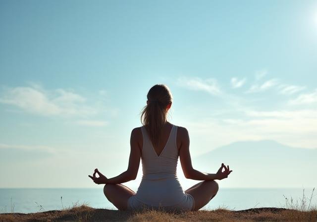 Person meditating under a soft sky with wispy clouds