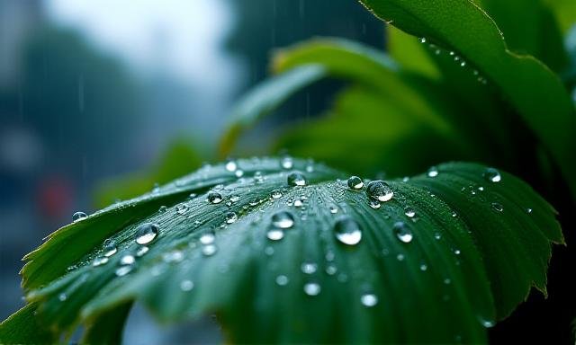 Rain falling on lush green leaves in New Delhi